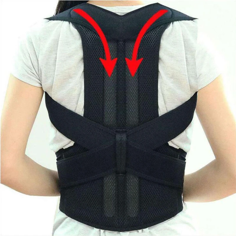 Woman wearing posture corrector brace for back and shoulder support